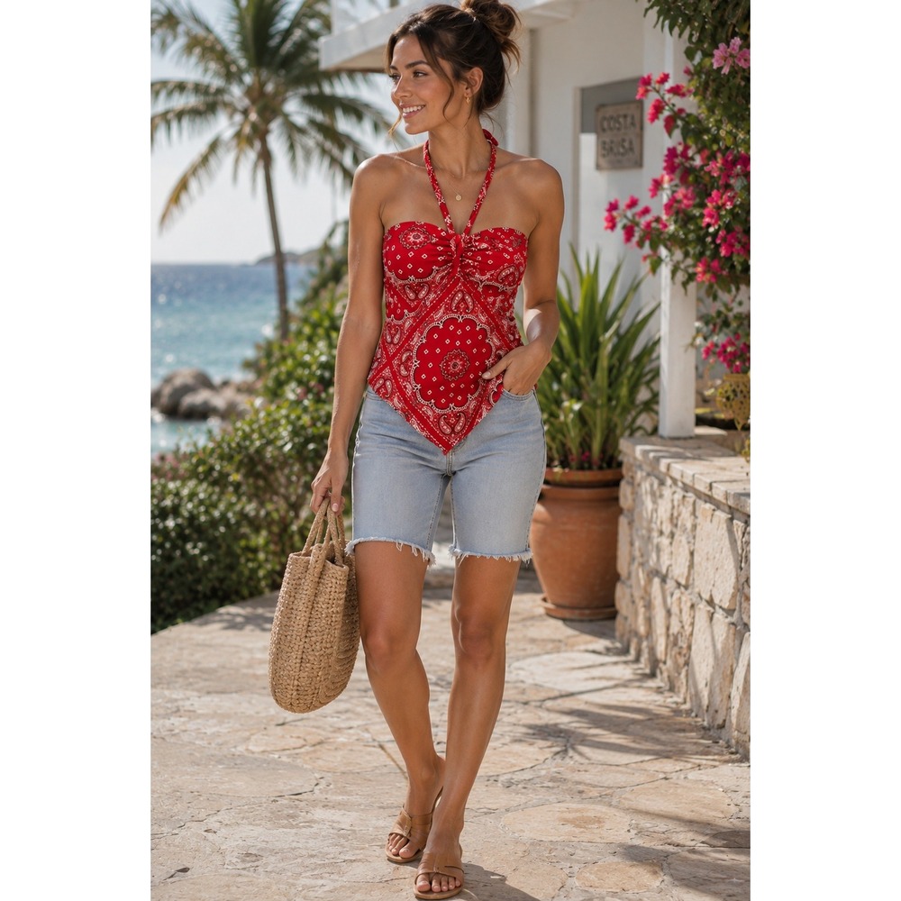 No Boundaries Red Bandana Print Halter Top Handkerchief Hem Smocked Back XS 1